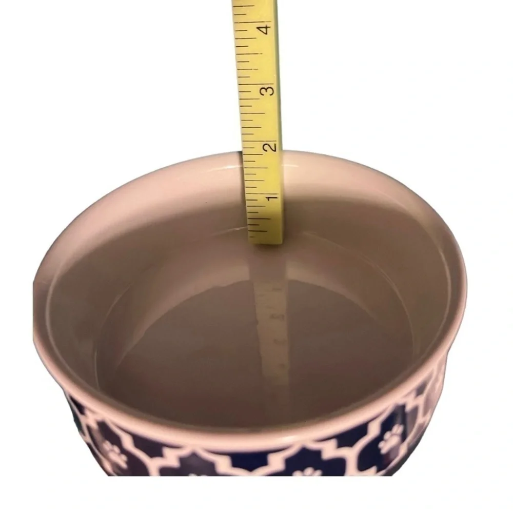 BONE Dry pet food/water bowls navy paw print exterior one gripper 5” dia 1.75”D